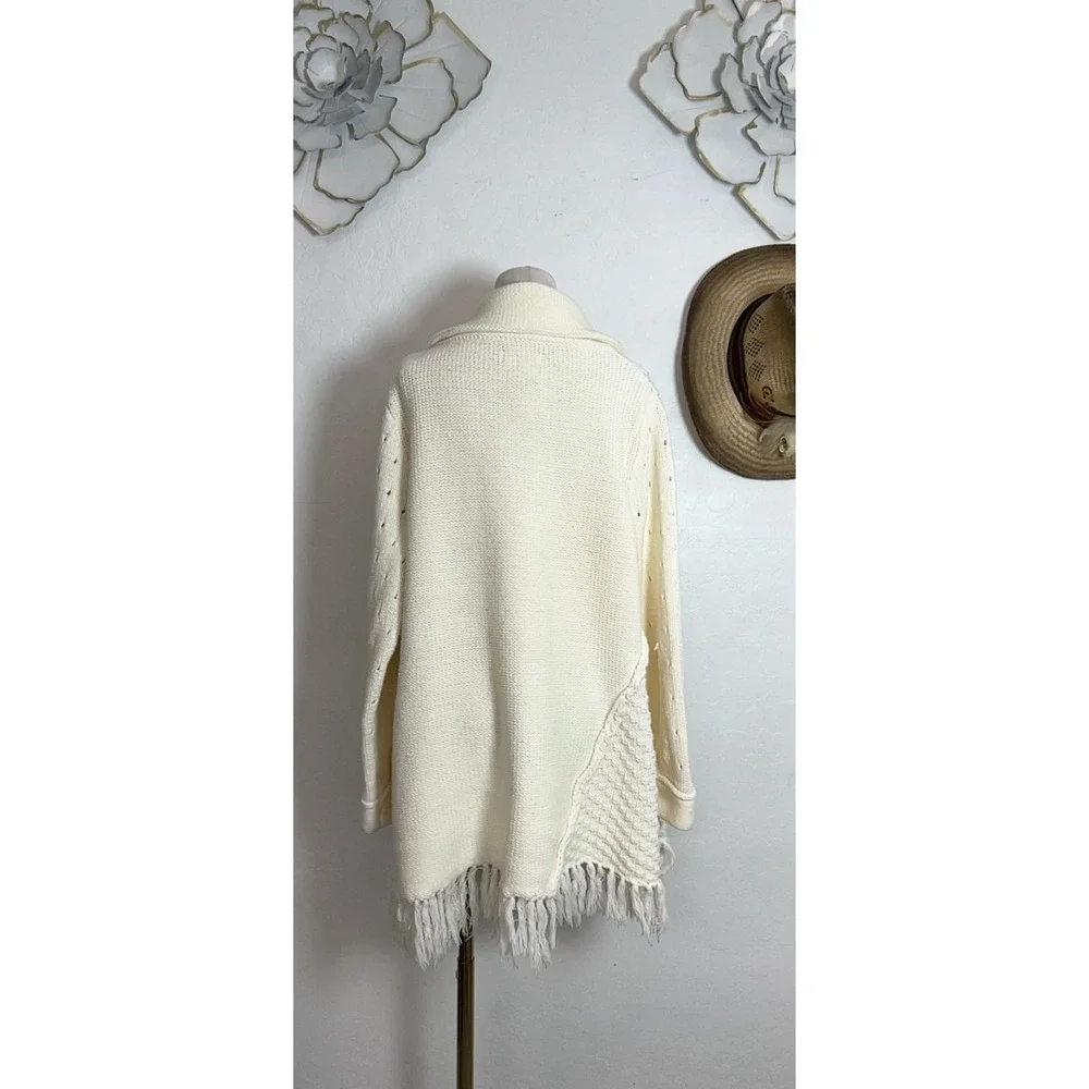 The Territory Ahead Fringe Cardigan Sweater Coat M Cream Boho Patchwork Cotton
